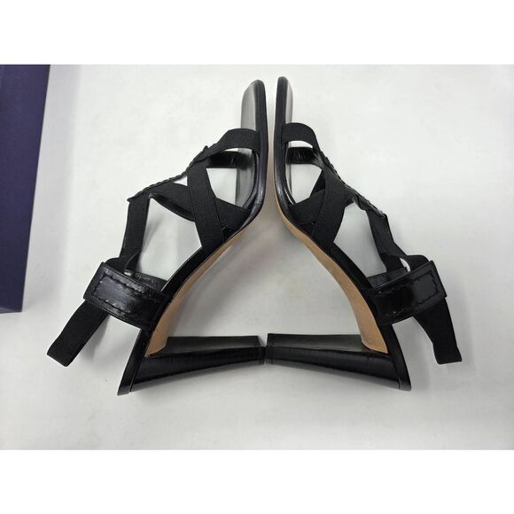 STUART WEITZMAN BLACK LEATHER ELASTIC STRAPPY BASILISK HEELED SANDAL SIZE 8.5M - Picture 5 of 9